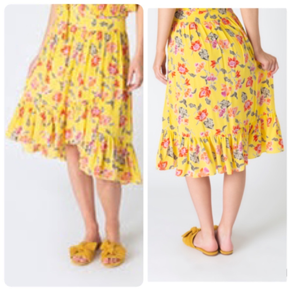 JOIE Yellow Ruffle Faux Wrap Floral SILK Midi Skirt with Tie Size 6 - Picture 2 of 11